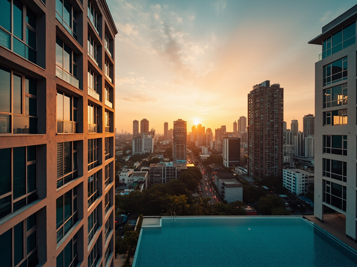 曼谷现代公寓建筑群,城市天际线与夕阳